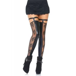 LEG AVENUE Bas Mi-Cuisse Wetlook & Dentelle Noirs Sans Pied